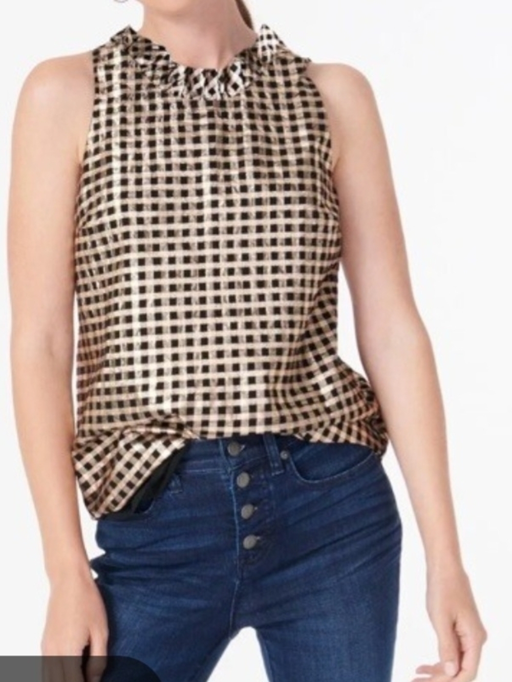 J Crew Sleeveless Ruffled Neck Lurex Crinkle Gingham Black & Gold Top - Size XS